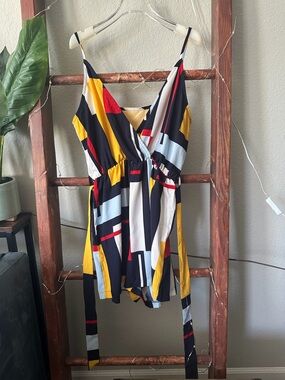 SHEIN Multicolor Geometric Print Romper - Yellow, Black, White, Red, Light Blue